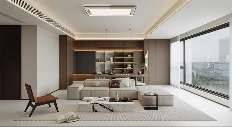 Warm wood, modern living · Design rendering