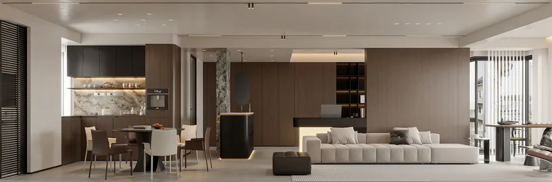 Warm wood, modern living · Design rendering 5