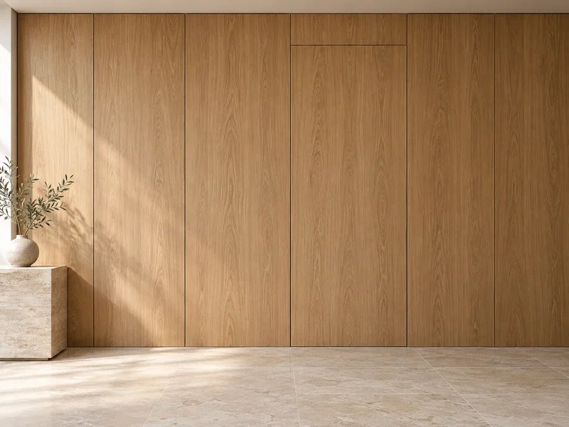 Concealed doors design illustration with coordinated warm oak and pale stone finishes