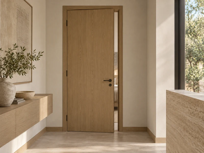 Interior door sets design illustration with coordinated warm oak and pale stone finishes