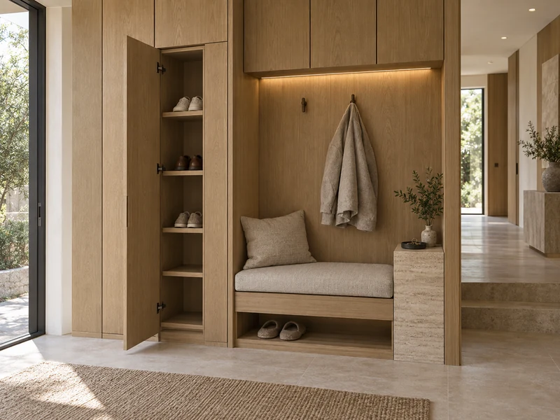 Shoe cabinets design illustration with coordinated warm oak and pale stone finishes