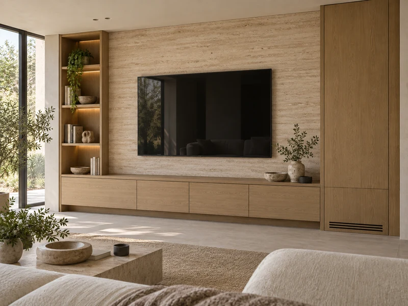 TV cabinets design illustration with coordinated warm oak and pale stone finishes
