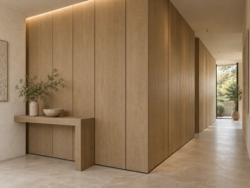 Wall panelling design illustration with coordinated warm oak and pale stone finishes