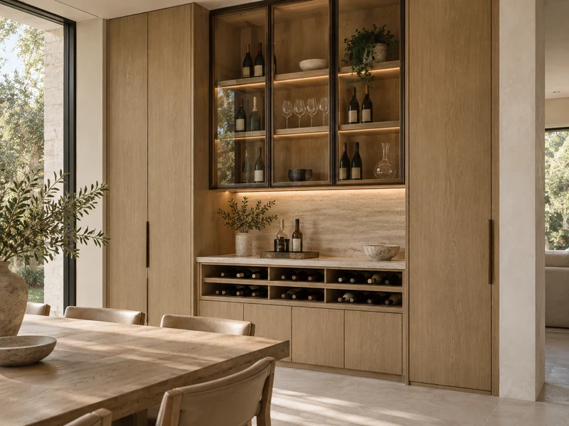 Wine cabinets design illustration with coordinated warm oak and pale stone finishes